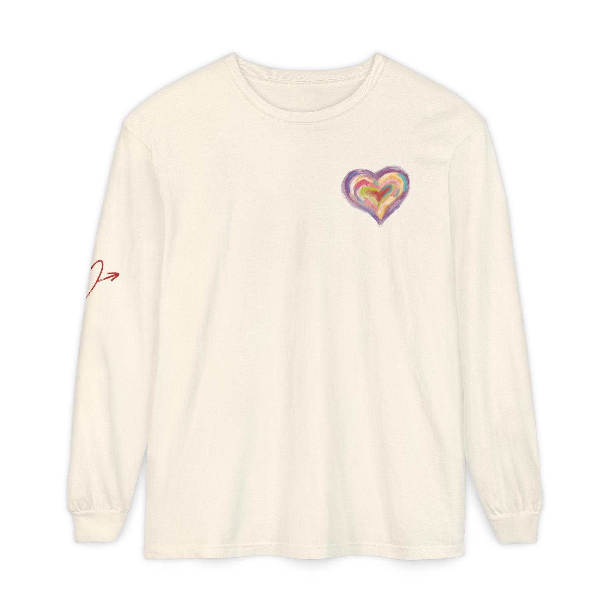 An off-white long-sleeve t-shirt with a small, colorful heart graphic on the left chest and a red script logo on the right sleeve, displayed against a solid white background.