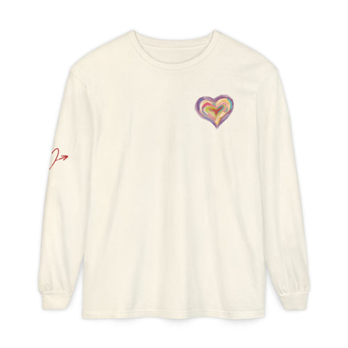 An off-white long-sleeve t-shirt with a small, colorful heart graphic on the left chest and a red script logo on the right sleeve, displayed against a solid white background.