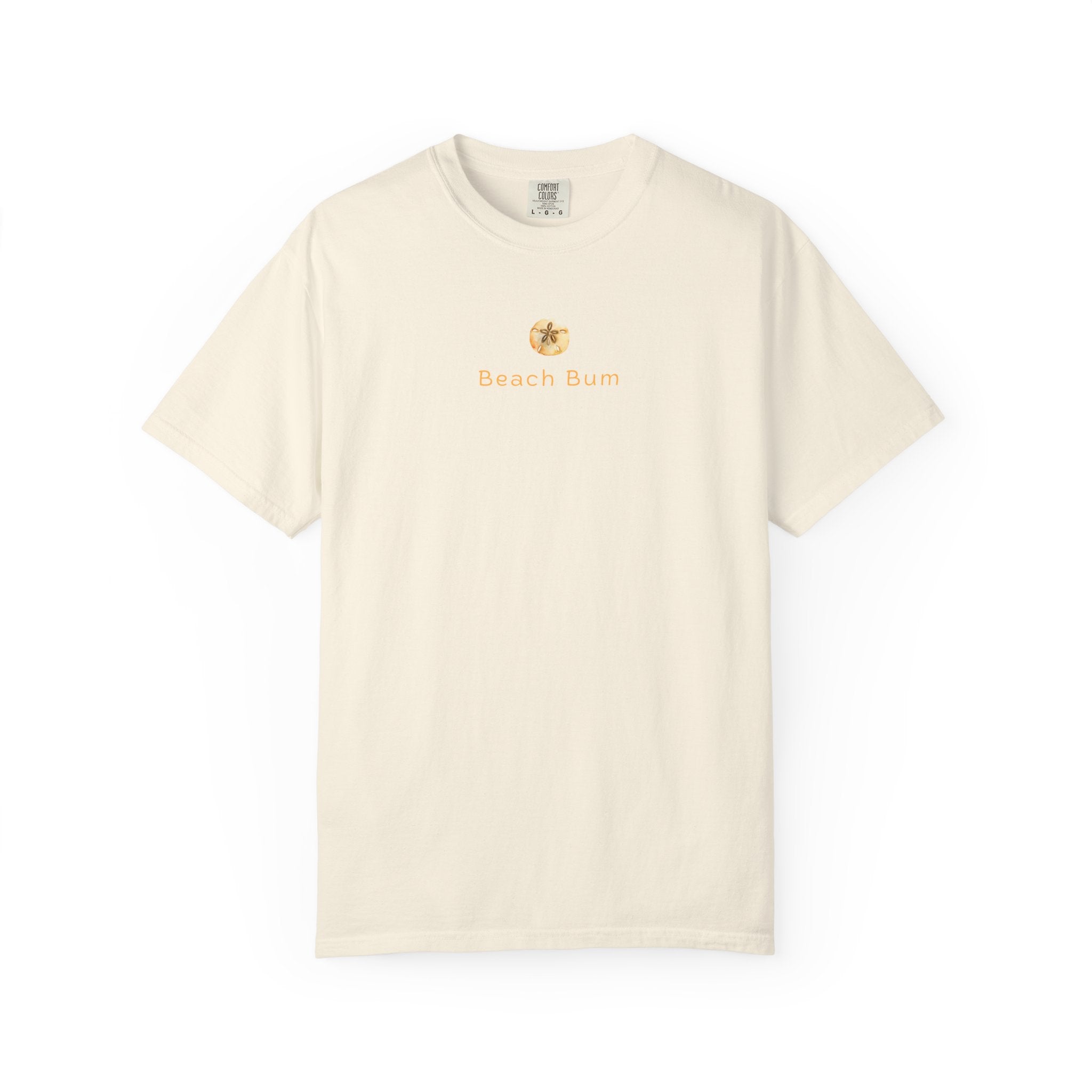 An off-white short-sleeve crewneck t-shirt with a small gold graphic and 'Beach Bum' text printed on the center chest, displayed against a solid white background.