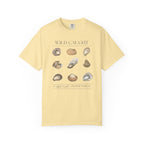 Yellow t-shirt with oyster illustrations and text on a white background