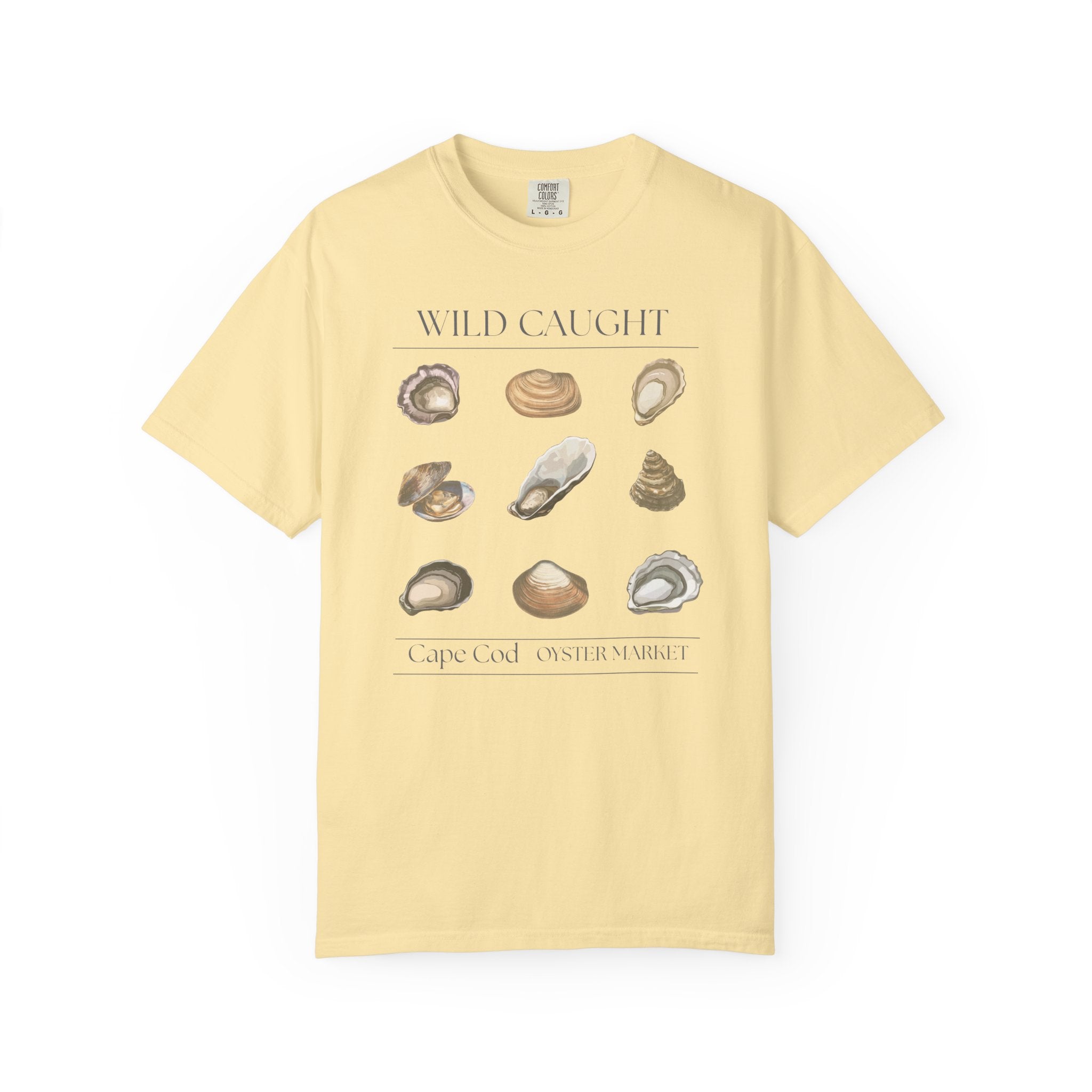 Yellow t-shirt with oyster illustrations and text on a white background