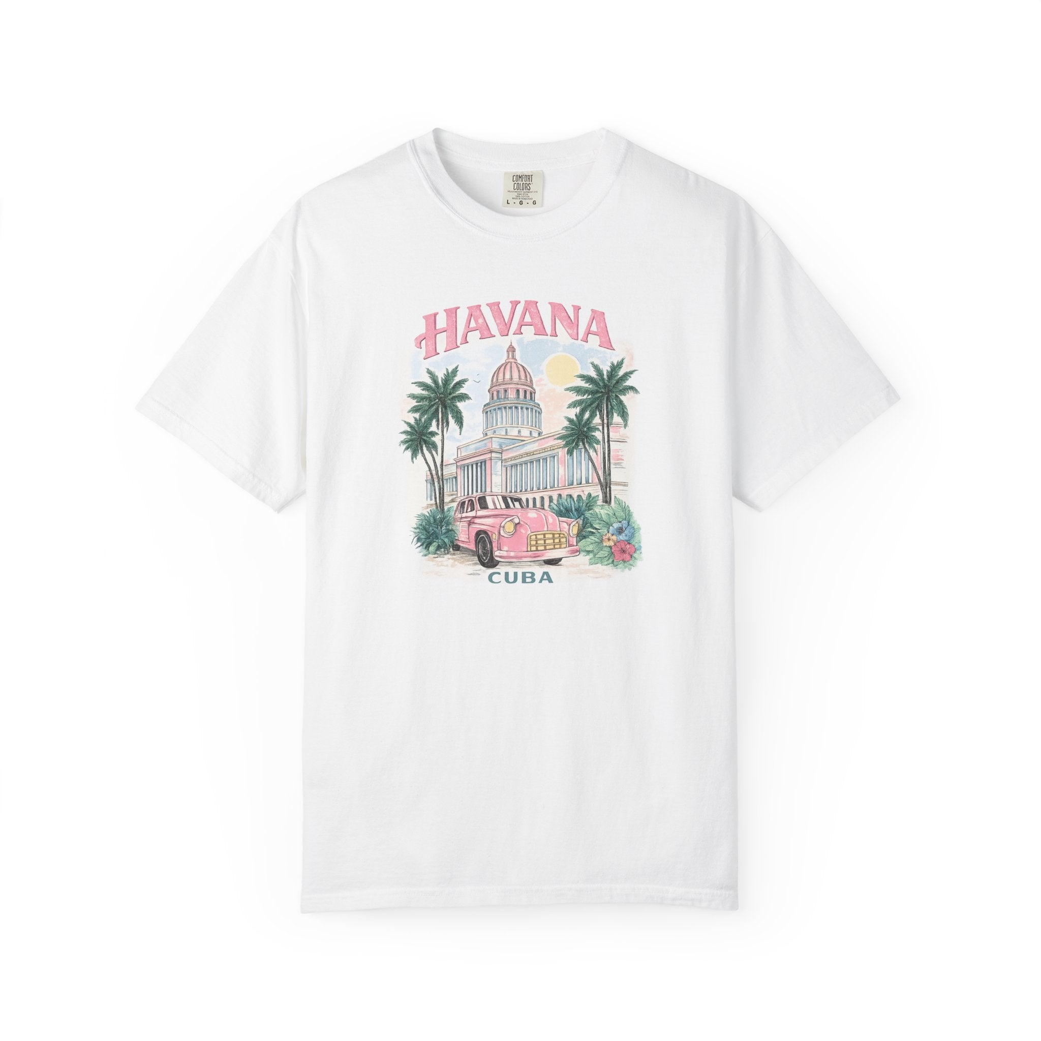 White t-shirt with 'Havana Cuba' graphic design on a white background