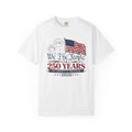 White t-shirt with American flag and text design on a white background