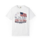 White t-shirt with American flag and text design on a white background