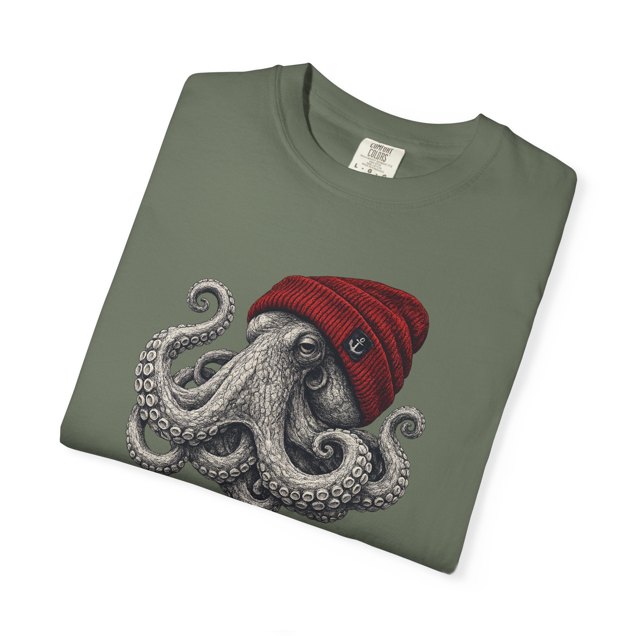 Octopus with Red Beanie T-shirt- Ocean Graphic Tshirt