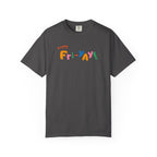 Gray t-shirt with colorful 'Fri-Yay!' text on a white background