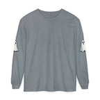 A long-sleeve crewneck t-shirt in a muted gray color, featuring white ghost graphics printed on both sleeves.