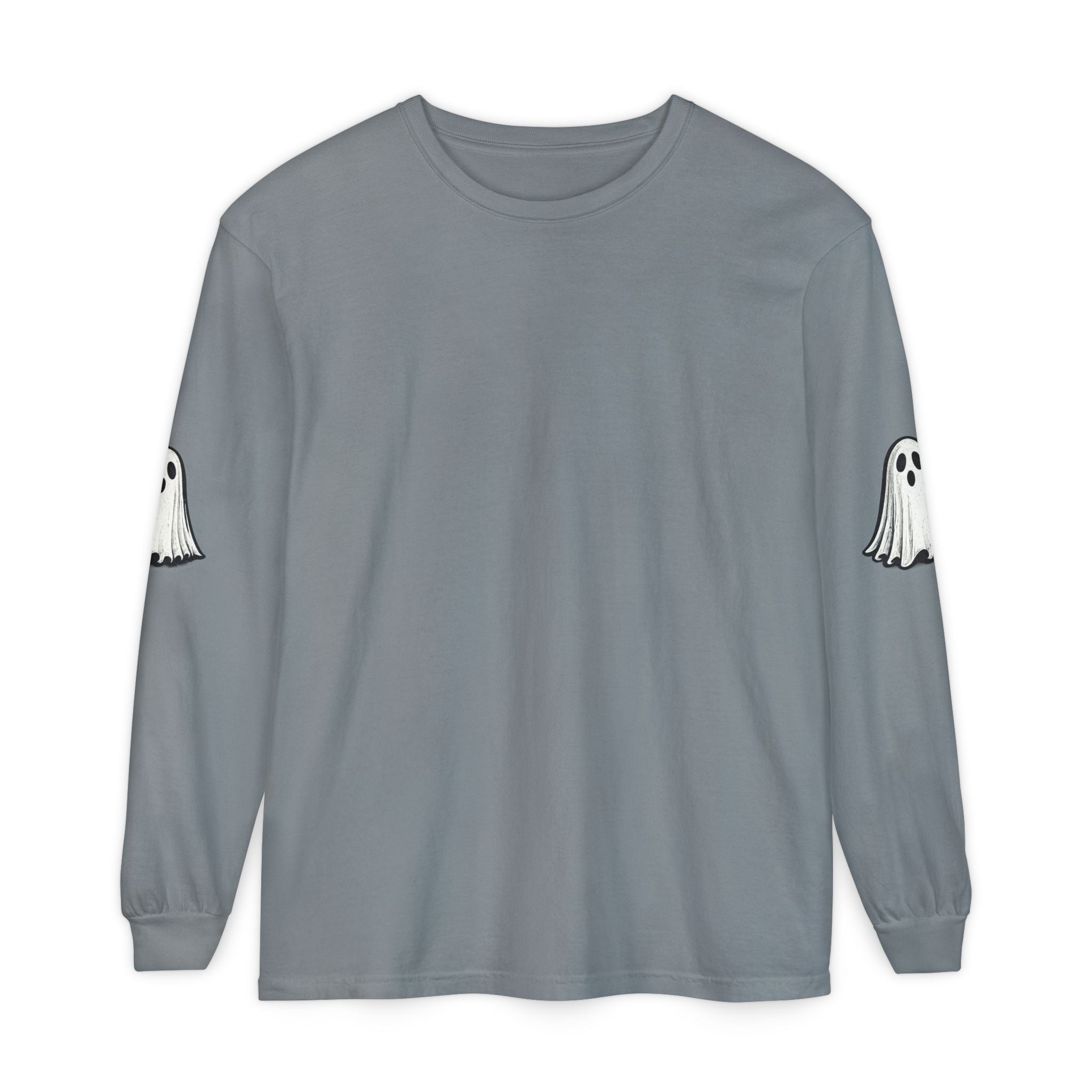 A long-sleeve crewneck t-shirt in a muted gray color, featuring white ghost graphics printed on both sleeves.
