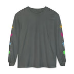 A dark gray long-sleeve t-shirt with colorful embroidered suns, stars, and clovers on both sleeves, shown against a plain white background.