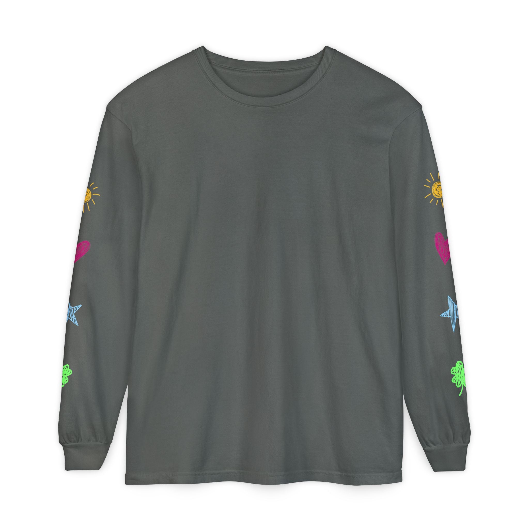 A dark gray long-sleeve t-shirt with colorful embroidered suns, stars, and clovers on both sleeves, shown against a plain white background.