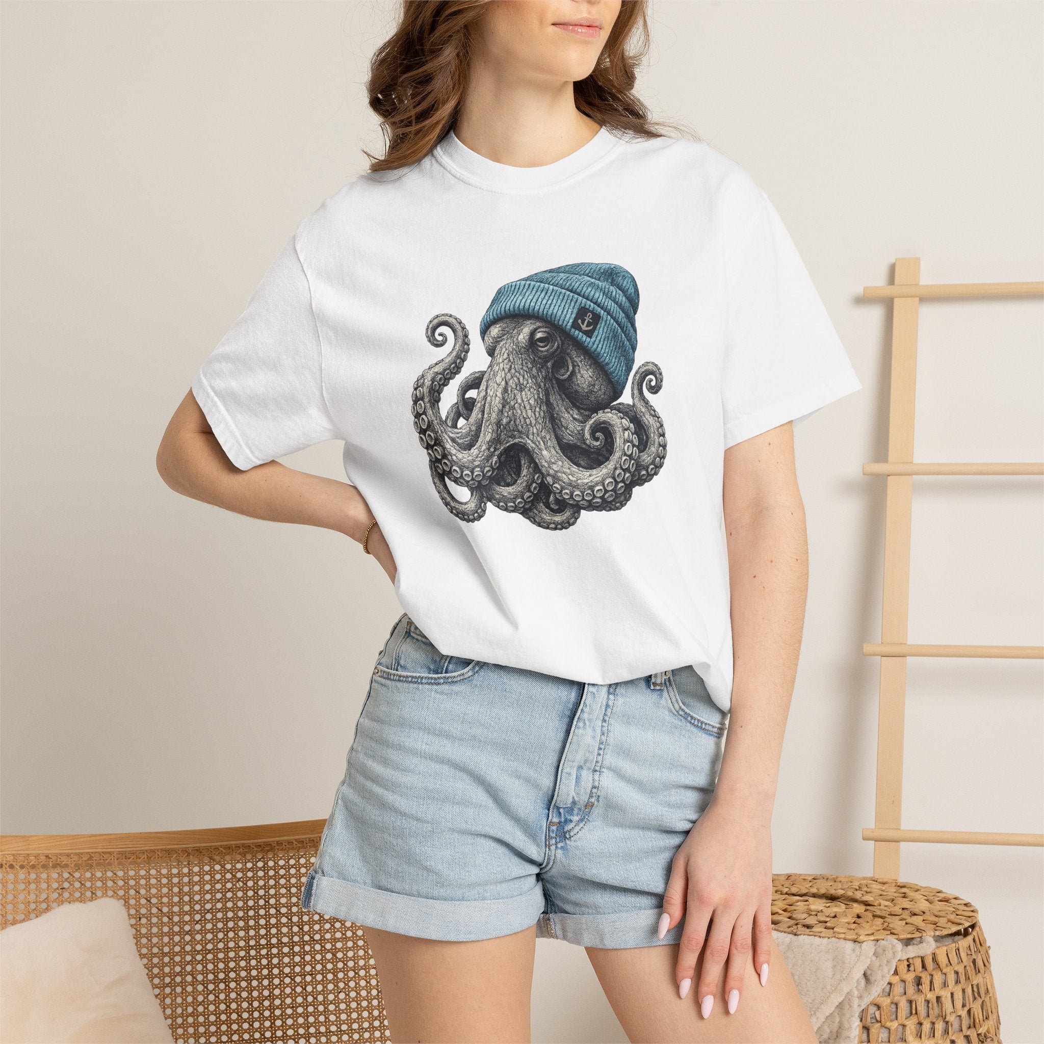 Octopus Blue Beanie T-Shirt — Ocean Life Graphic Tee