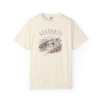 Beige t-shirt with Santorini graphic design on a white background