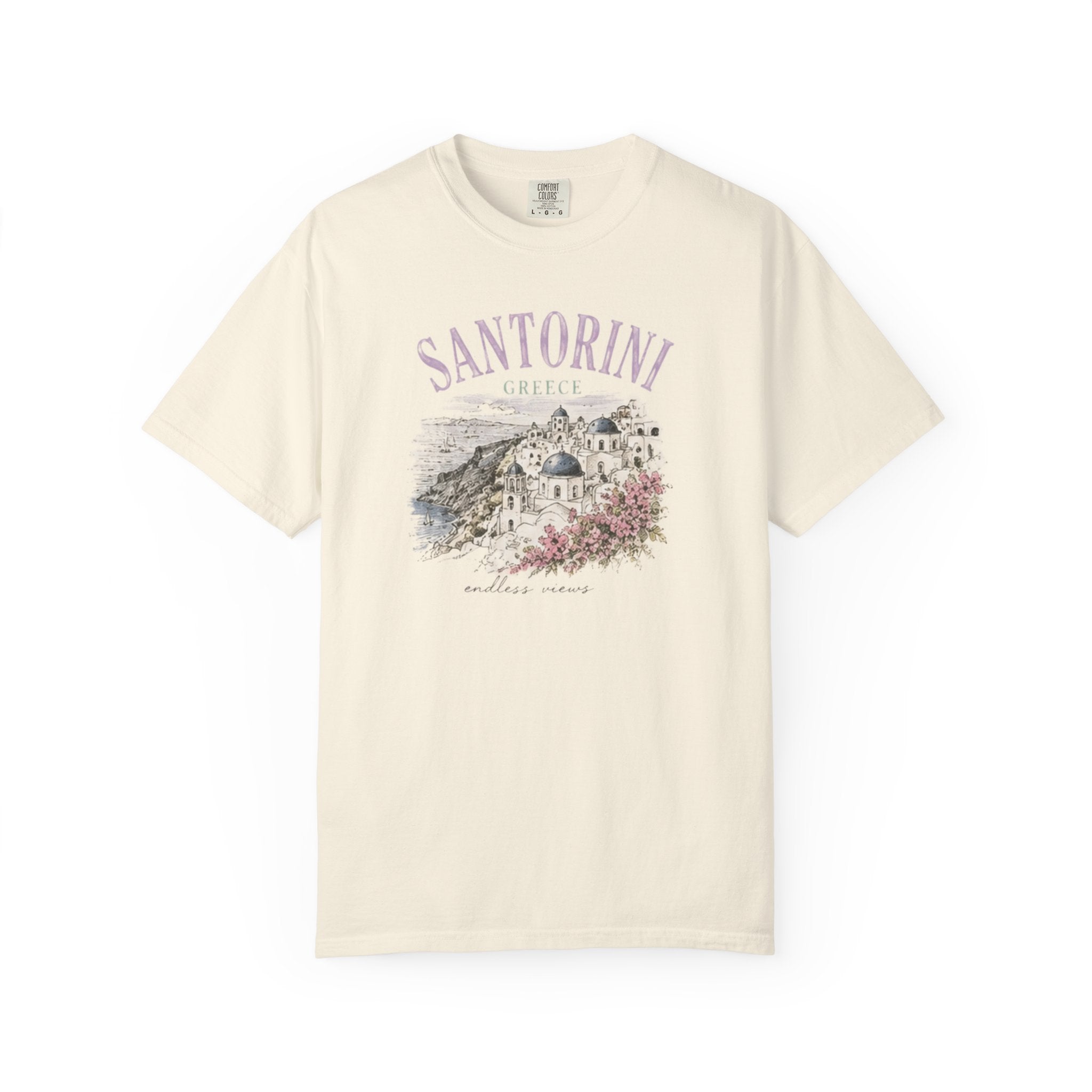 Beige t-shirt with Santorini graphic design on a white background