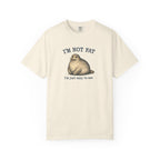 Beige t-shirt with a seal graphic and text on a white background