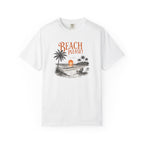 White t-shirt with beach graphic and 'Beach Please!' text on a white background