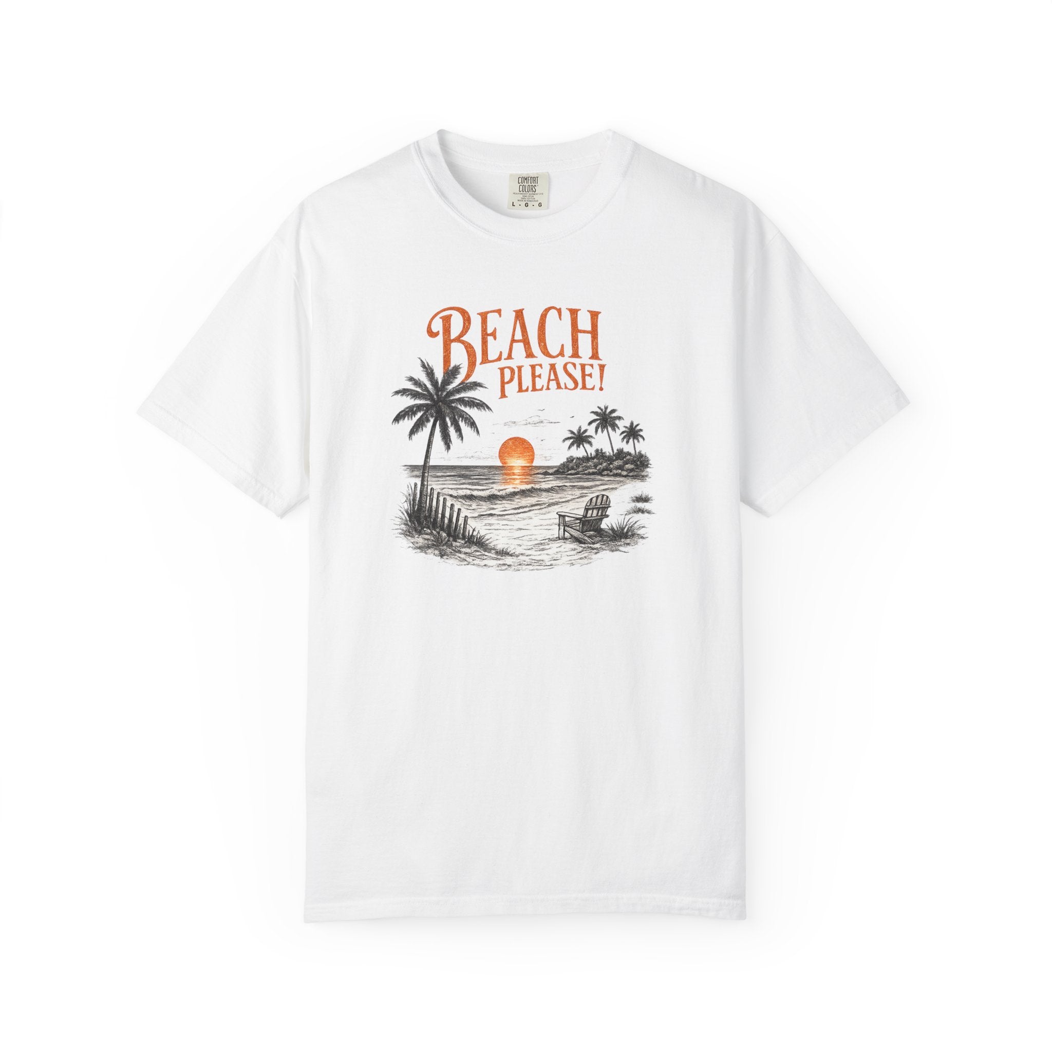 White t-shirt with beach graphic and 'Beach Please!' text on a white background