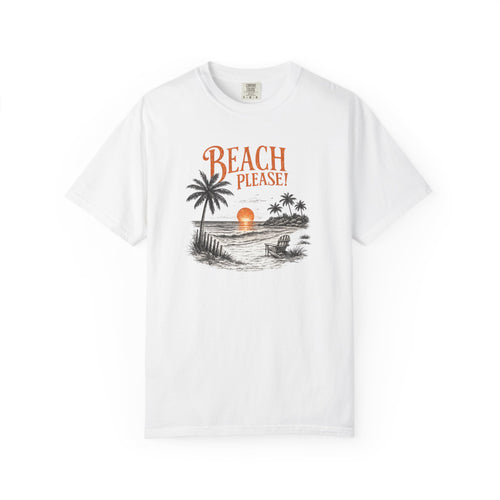 White t-shirt with beach graphic and 'Beach Please!' text on a white background