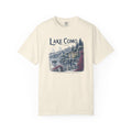 Beige t-shirt with Lake Como graphic design on a white background