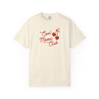 An off-white short-sleeve crewneck t-shirt featuring a red graphic print on the chest that reads 'Cool Moms Club' alongside two cherries and a heart.