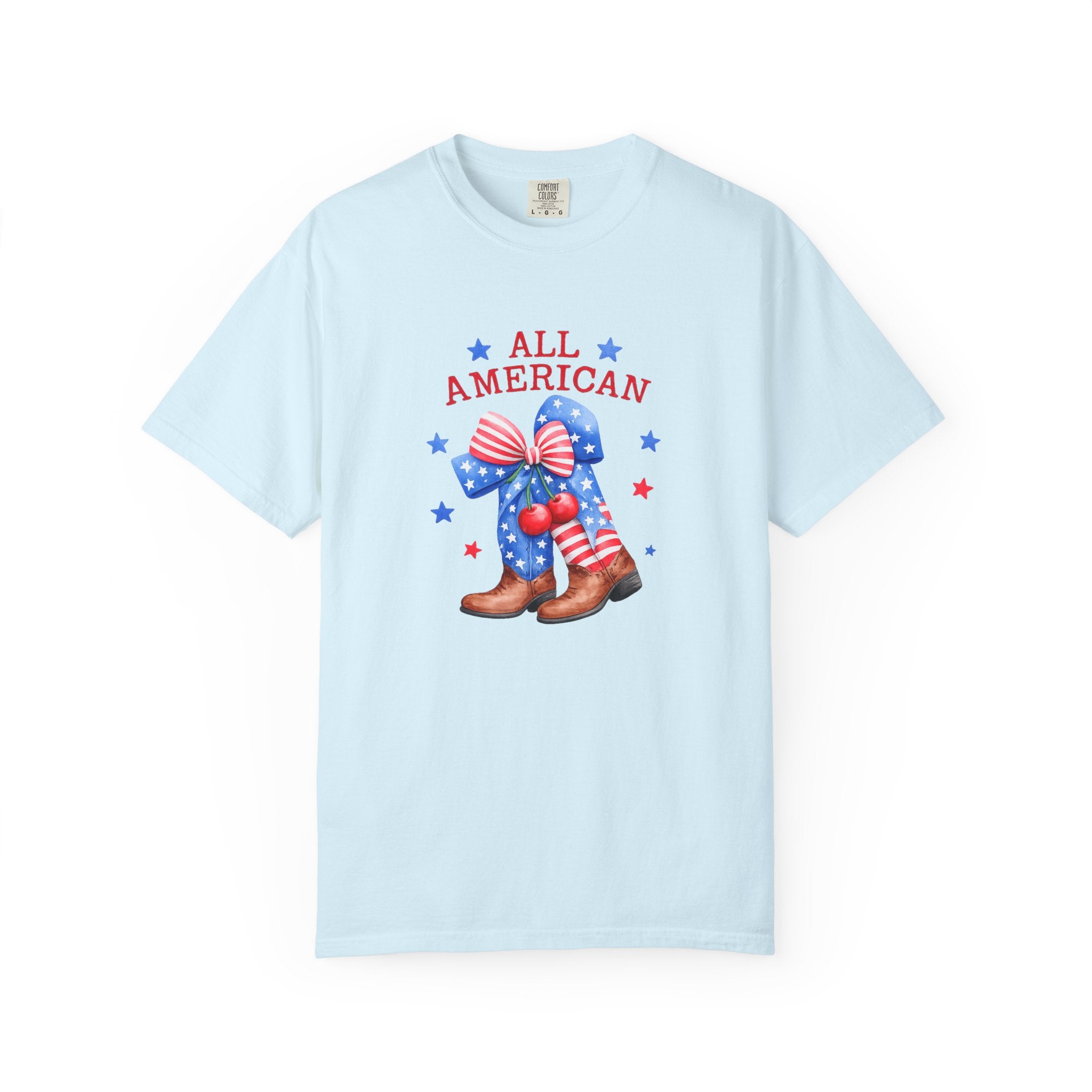 Light blue t-shirt with 'All American' graphic on a white background