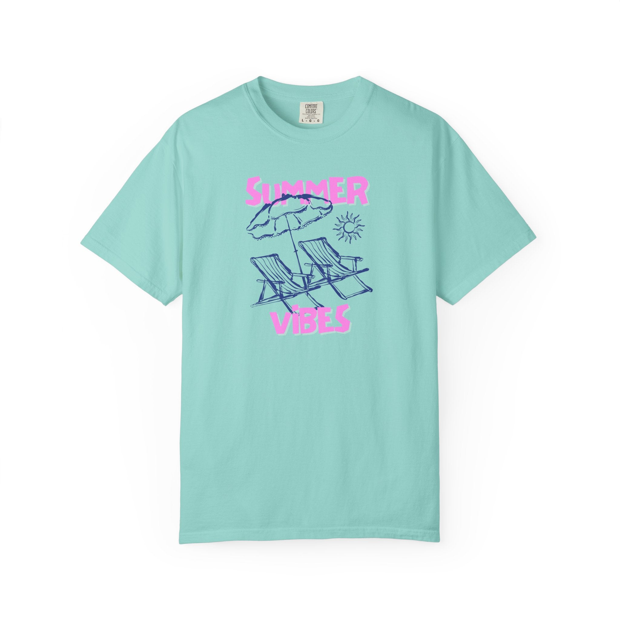 Mint green t-shirt with 'Summer Vibes' graphic on a white background