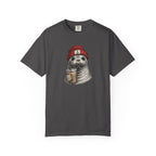 A navy blue short-sleeve crewneck t-shirt featuring a graphic print of a seal holding a beer mug while wearing a red beanie with an anchor emblem.