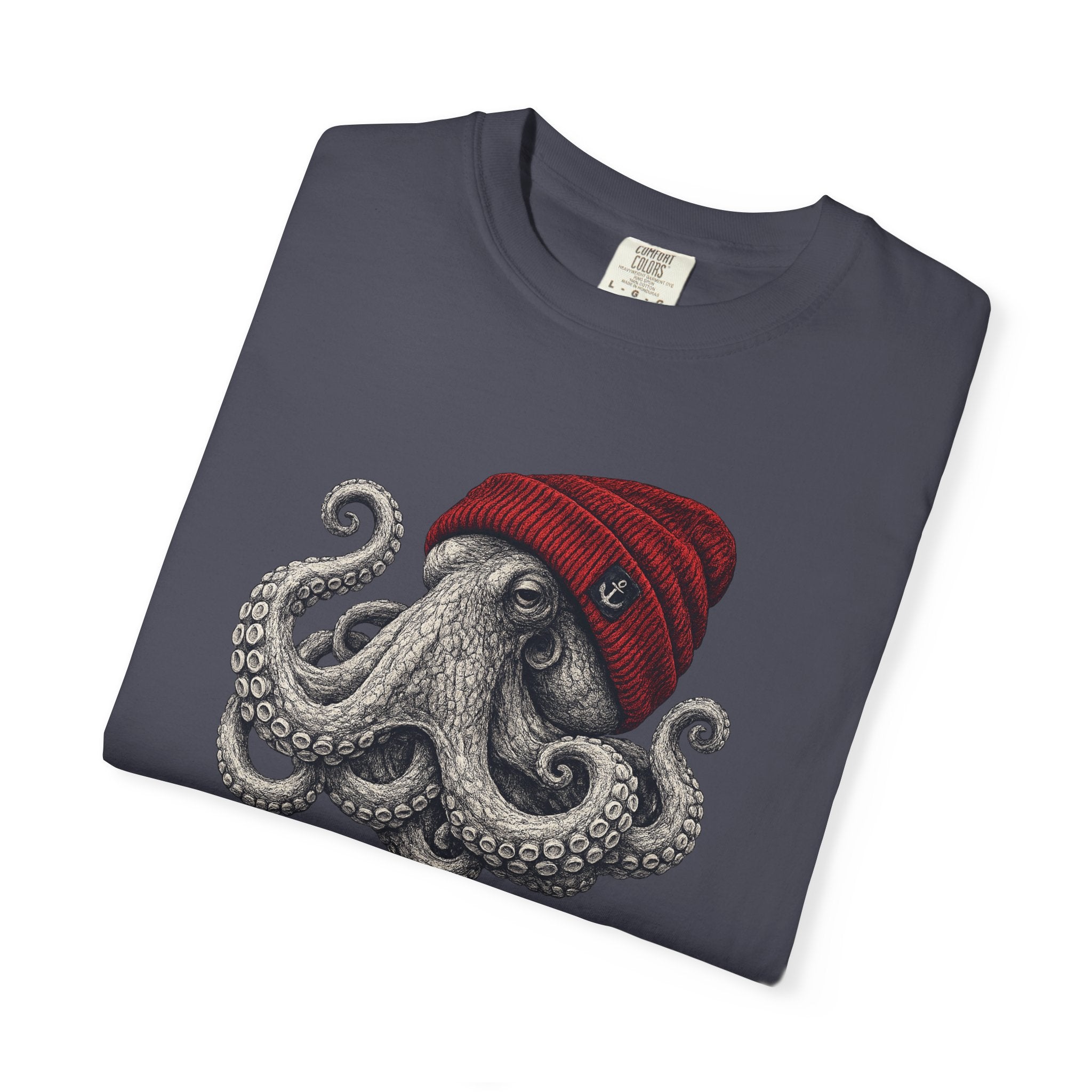 Octopus with Red Beanie T-shirt- Ocean Graphic Tshirt