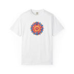 White t-shirt with a colorful mandala design on a white background