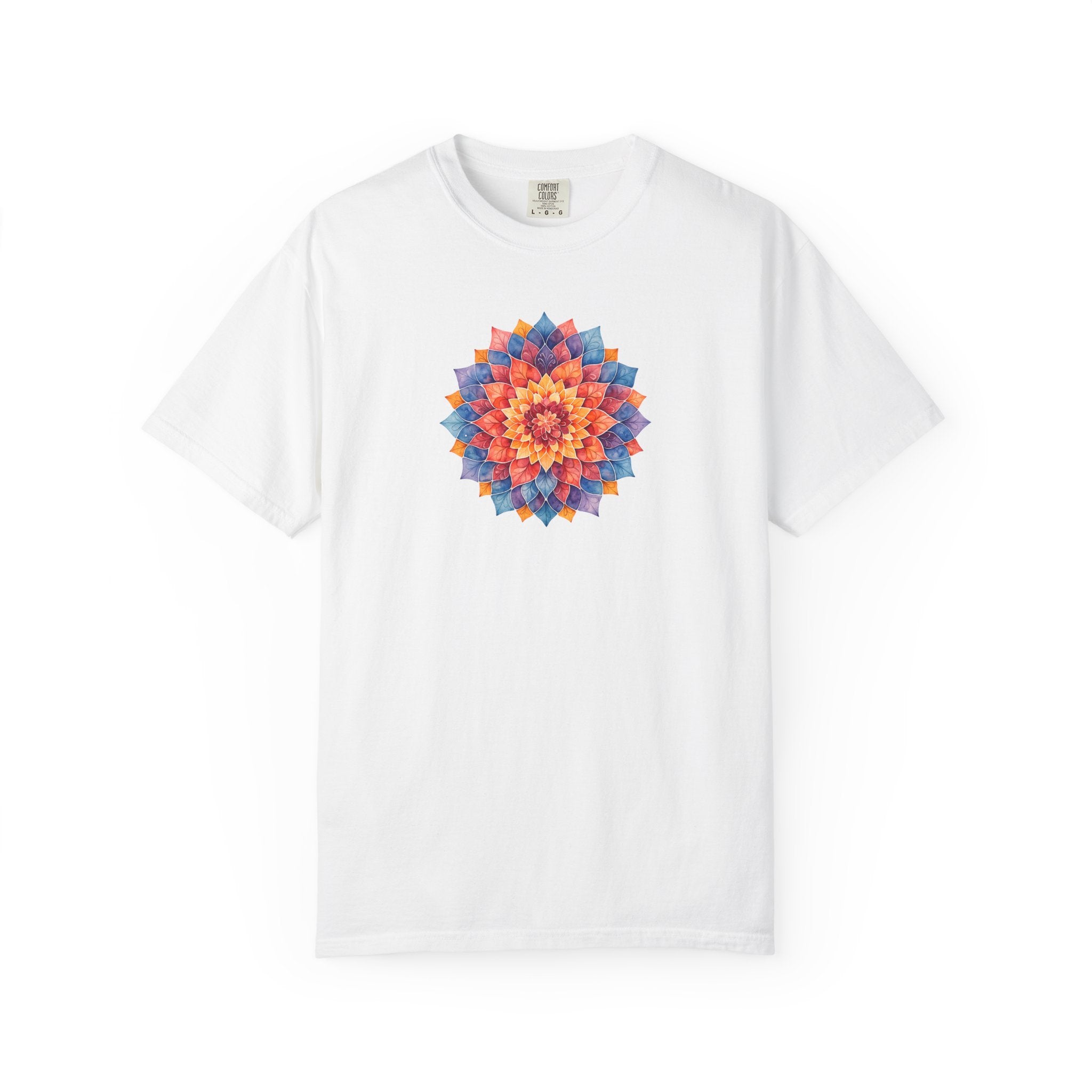White t-shirt with a colorful mandala design on a white background