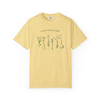 Yellow t-shirt with vegetable graphic and text on a white background