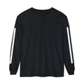 A black long-sleeve crewneck shirt with white vertical stripes on both sleeves, displayed flat against a plain white background.
