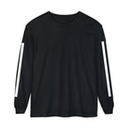 A black long-sleeve crewneck shirt with white vertical stripes on both sleeves, displayed flat against a plain white background.
