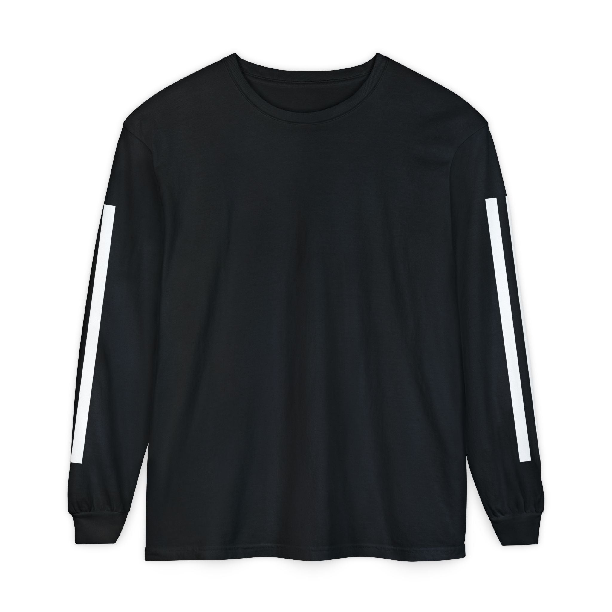 A black long-sleeve crewneck shirt with white vertical stripes on both sleeves, displayed flat against a plain white background.