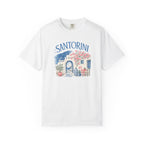 White t-shirt with 'Santorini' graphic design on a white background