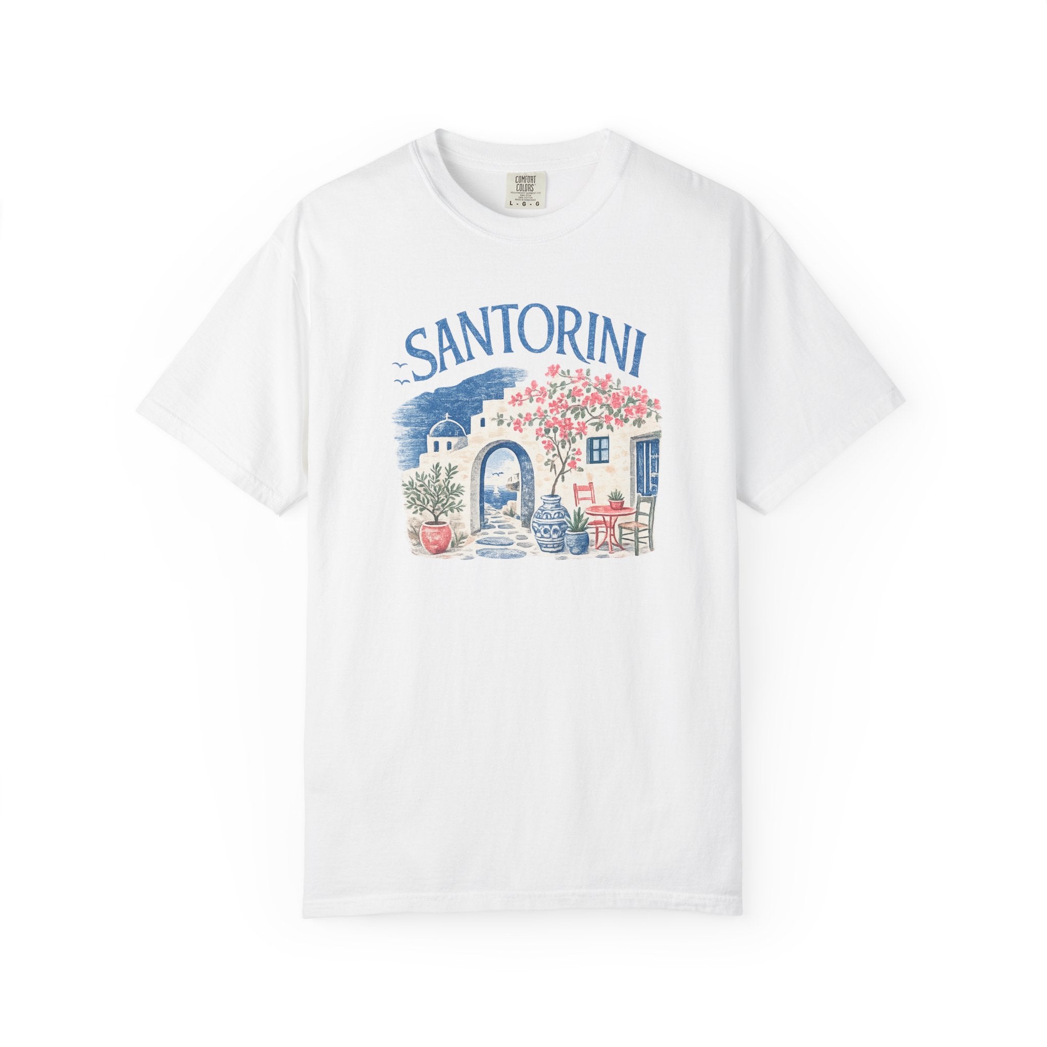 White t-shirt with 'Santorini' graphic design on a white background