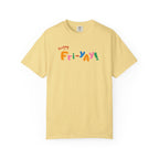 Yellow t-shirt with colorful 'Fri-Yay!' text on a white background