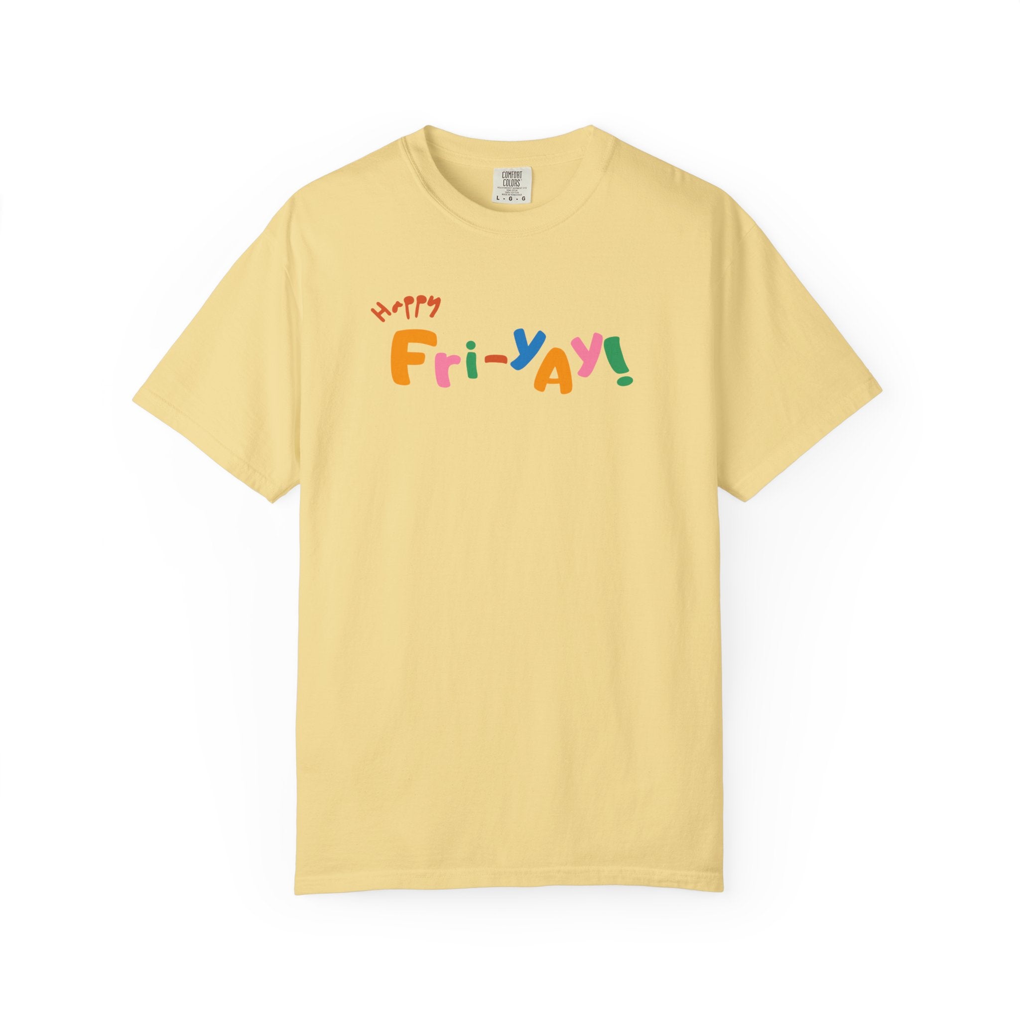 Yellow t-shirt with colorful 'Fri-Yay!' text on a white background