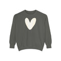 A dark gray crewneck sweatshirt with a large, hand-drawn style cream-colored heart on the chest, displayed against a solid white background.