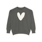 A dark gray crewneck sweatshirt with a large, hand-drawn style cream-colored heart on the chest, displayed against a solid white background.