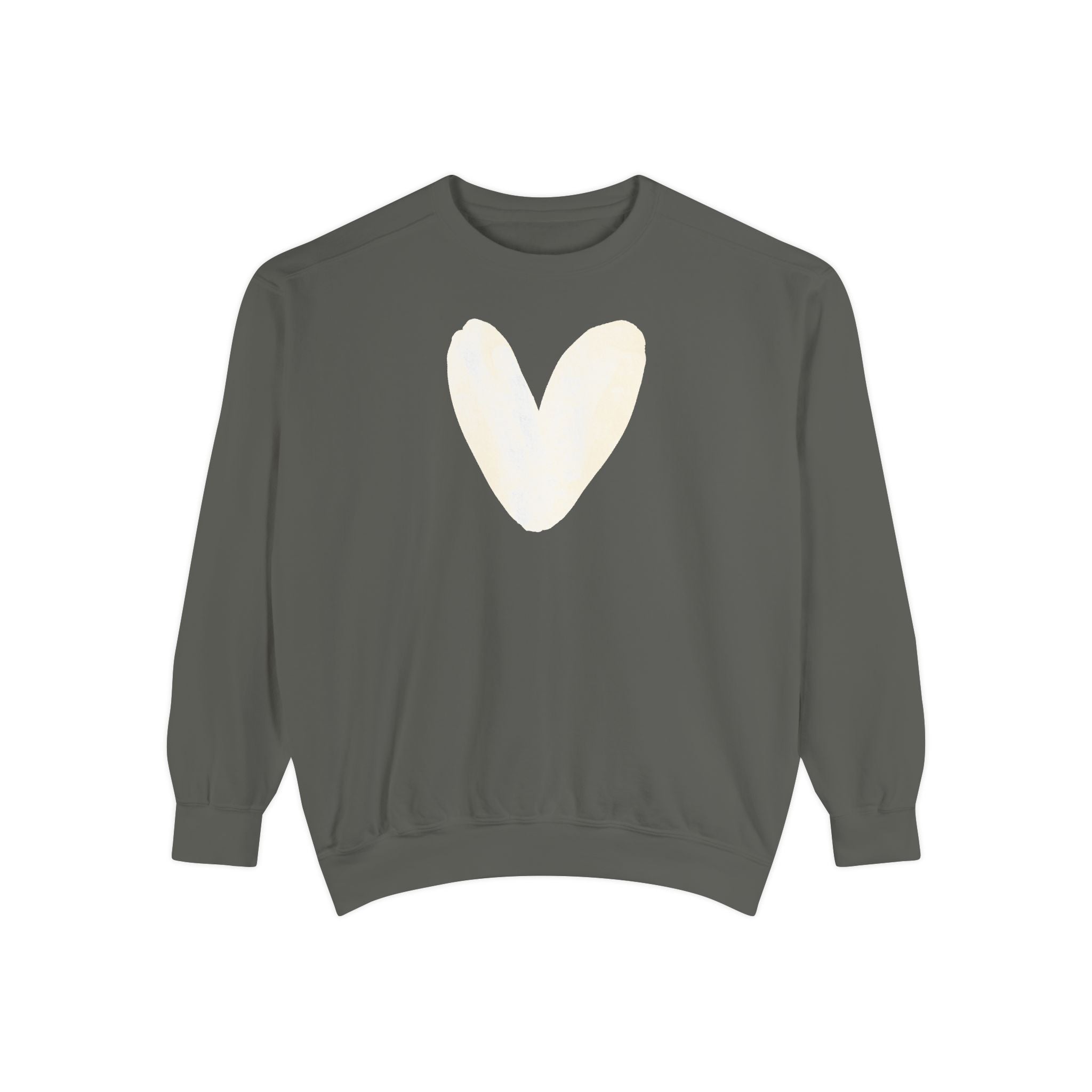 A dark gray crewneck sweatshirt with a large, hand-drawn style cream-colored heart on the chest, displayed against a solid white background.