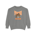 A gray crewneck sweatshirt featuring a 'Pumpkin Season' graphic on the chest with an orange arched text design and a patterned pumpkin illustration, shown against a plain white background.