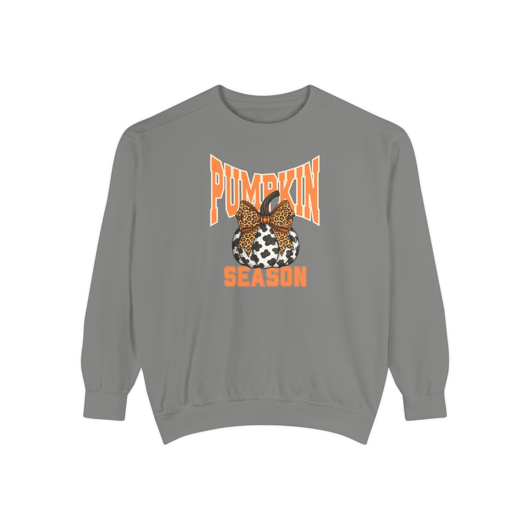 A gray crewneck sweatshirt featuring a 'Pumpkin Season' graphic on the chest with an orange arched text design and a patterned pumpkin illustration, shown against a plain white background.