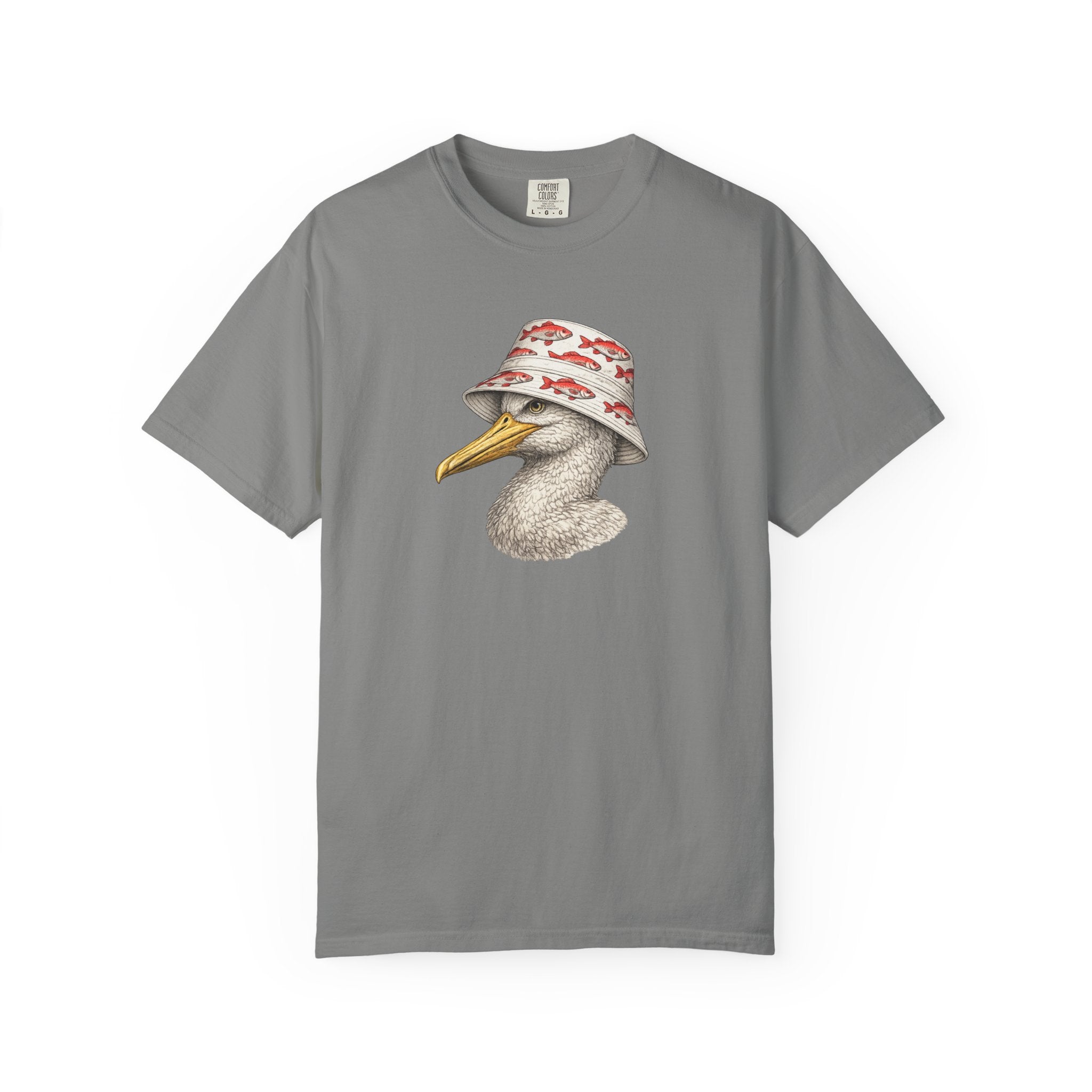A gray short-sleeve crewneck t-shirt featuring a graphic print of a white seagull wearing a red and white patterned bucket hat, displayed against a solid white background.