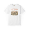 White t-shirt with 'Tuscany, Italy' graphic design on a white background