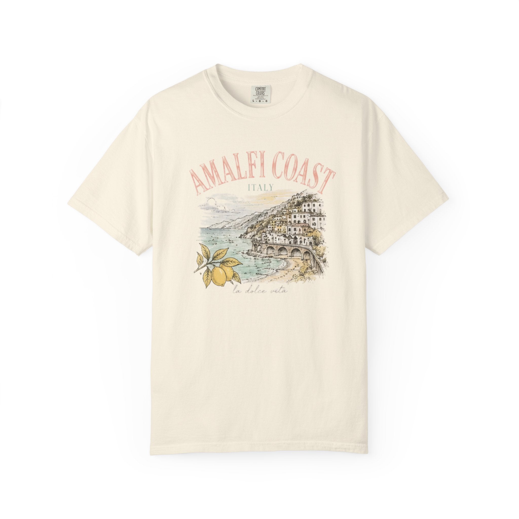 Beige t-shirt with 'Amalfi Coast' graphic design on a white background