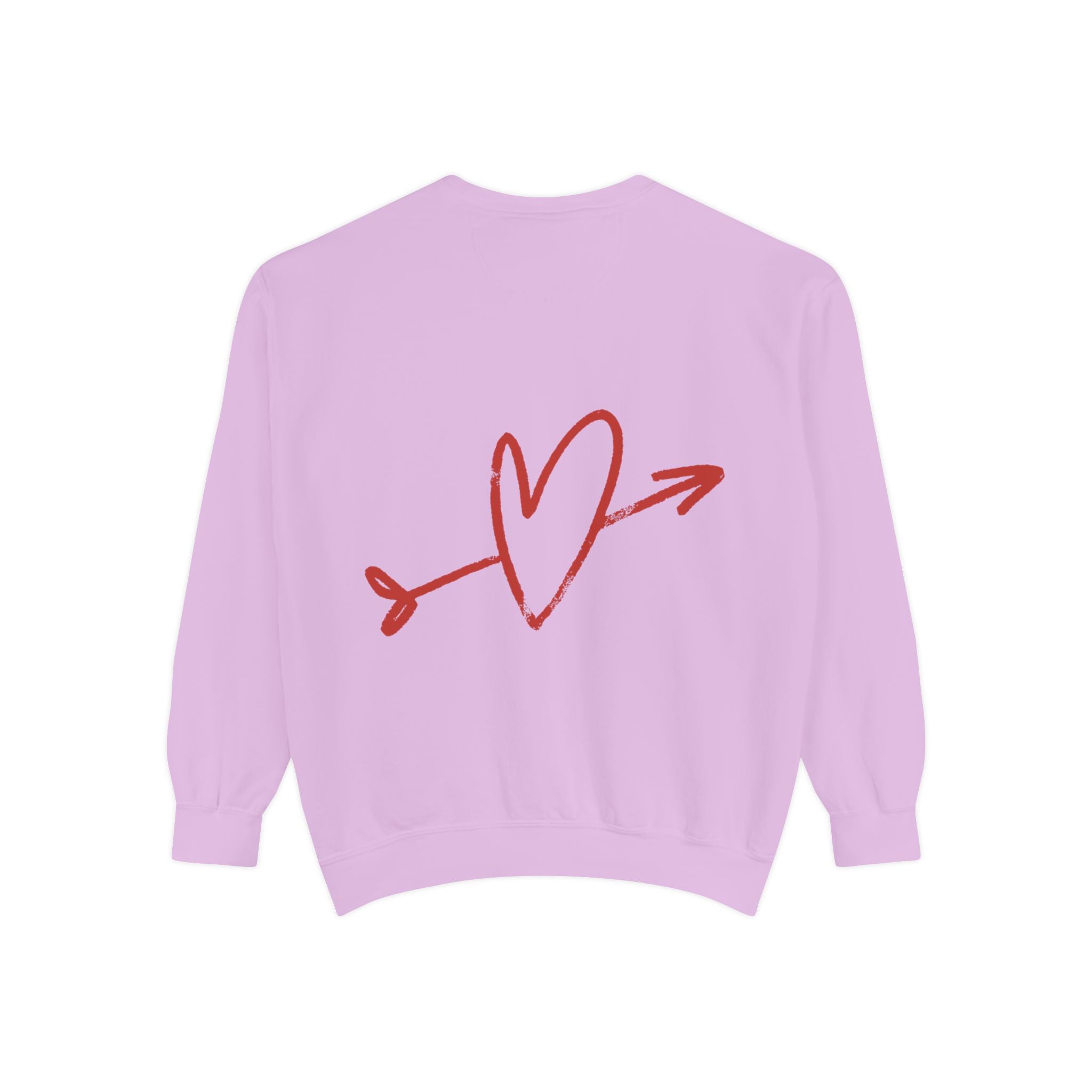 A light purple crewneck sweatshirt shown from the back, featuring a red hand-drawn heart pierced by an arrow graphic on the center back.