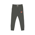 Gray sweatpants with a red logo on a white background