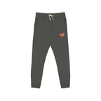 Gray sweatpants with a red logo on a white background