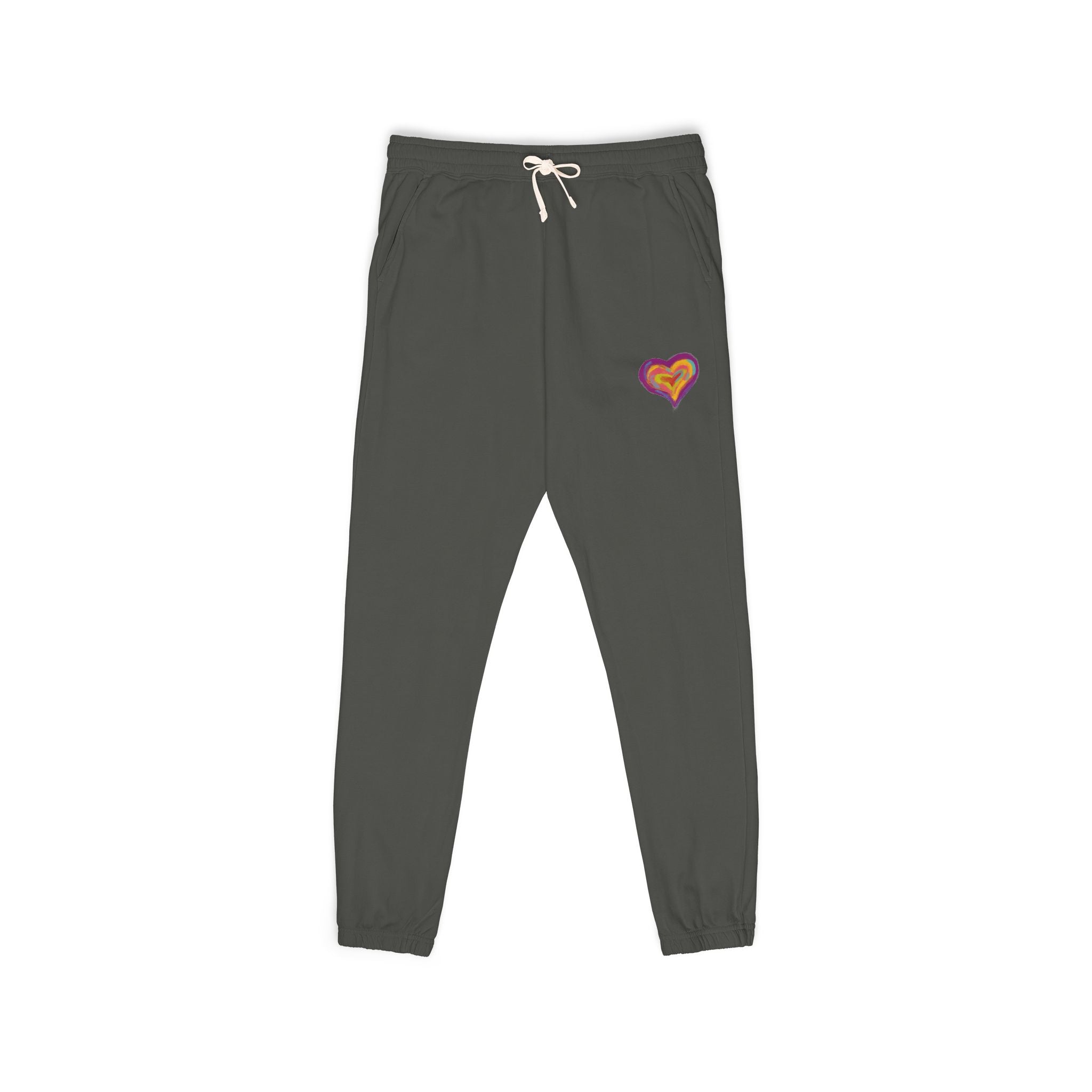 Gray sweatpants with a red logo on a white background