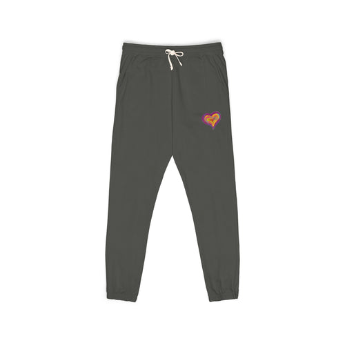 Gray sweatpants with a red logo on a white background